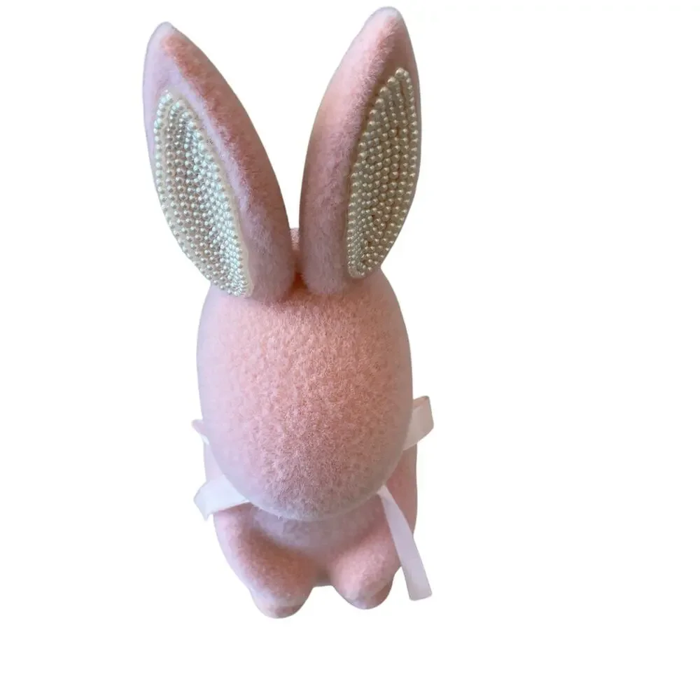 SPRING GATHERINGS 15in Pink Flocked Bunny With Faux Pearl Ears & Ribbon New